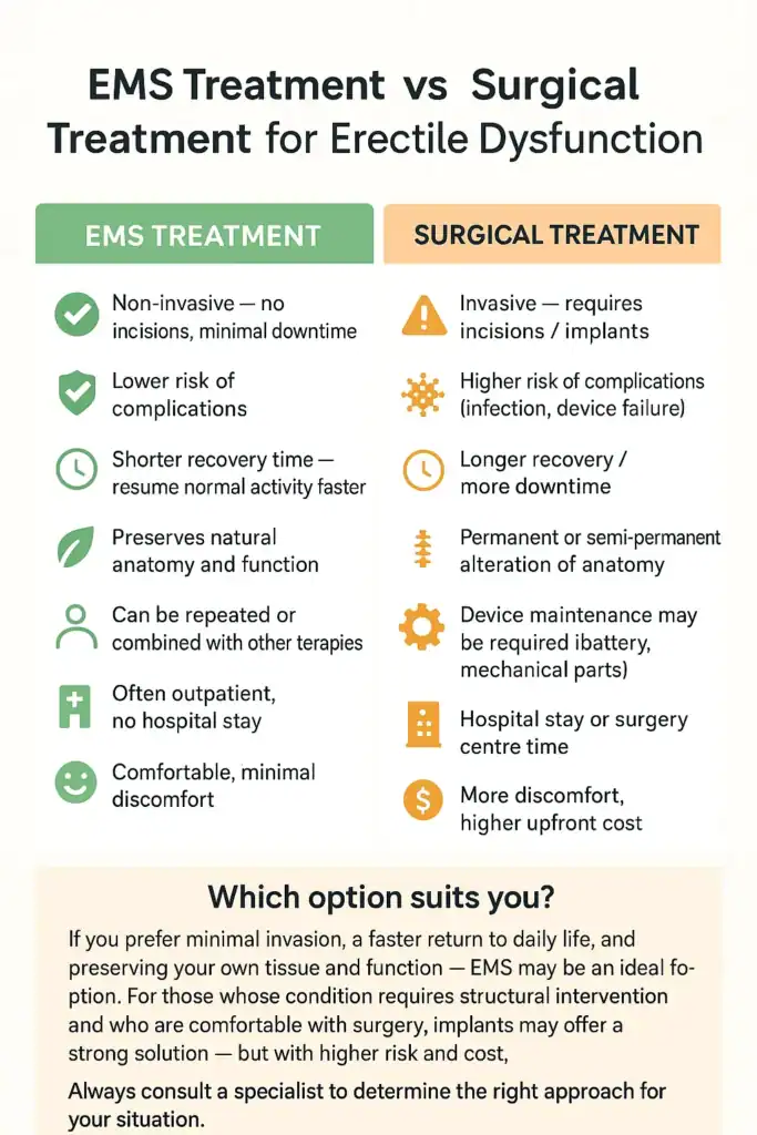 A table showing the benefits of EMS chair for erectile dysfunction treatment Huddersfield compared to surgery.